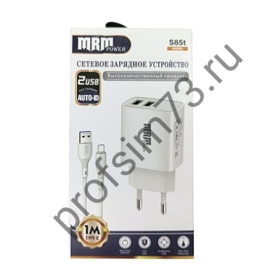 10100-0645 Сетевое зарядное устройство (адаптер) 5V/2.1A  (2USB + кабель Type-C) 1м белый S85t MPM